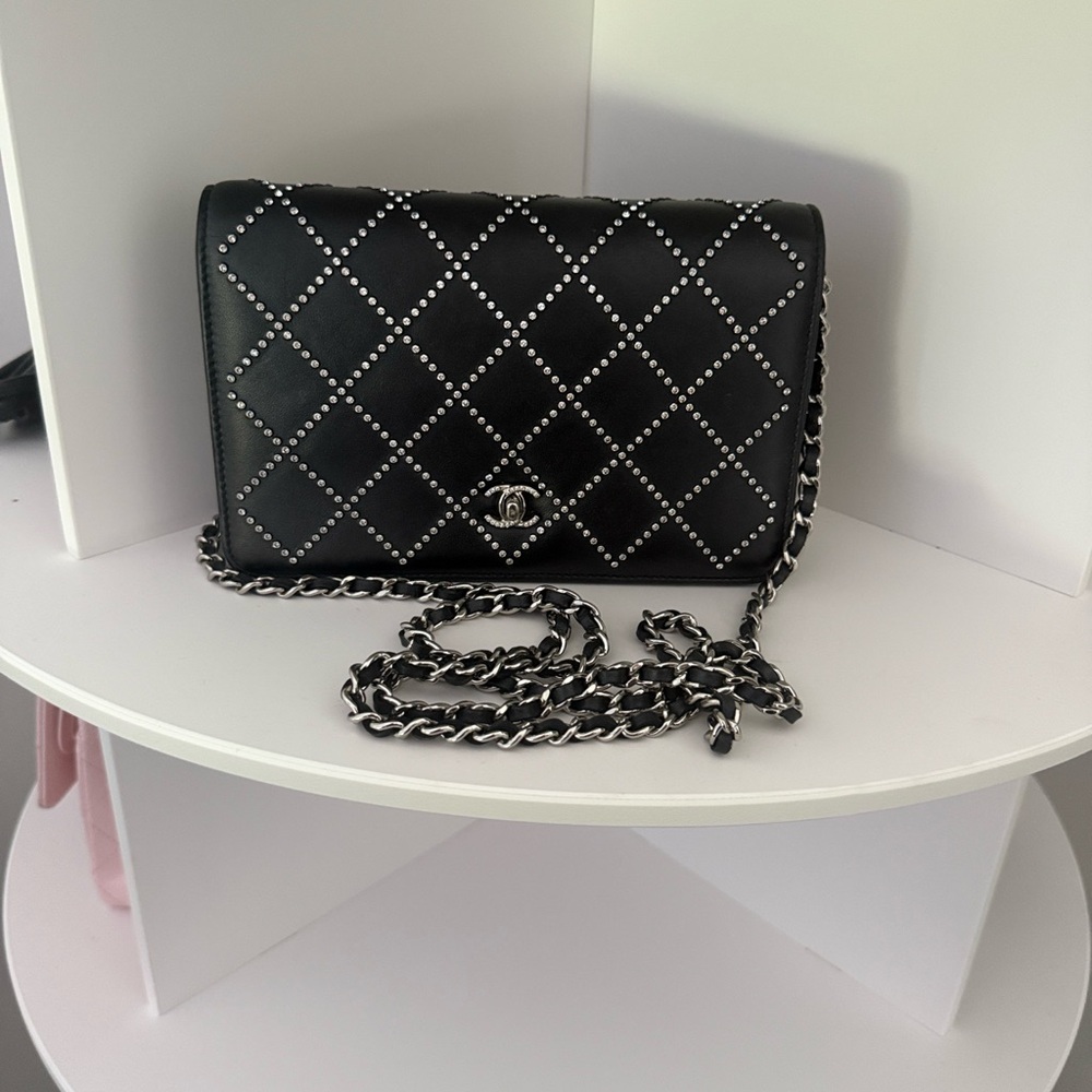CHANEL Black and Silver Swarovski Wallet on chain